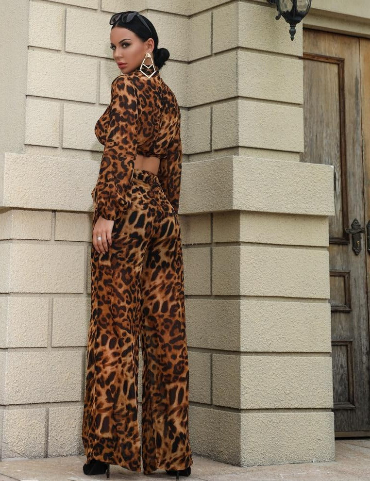 Leopard Thin Long Sleeve Crop Top Jumpsuit Two pcs Set