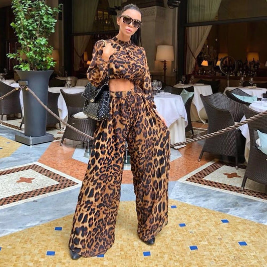 Leopard Thin Long Sleeve Crop Top Jumpsuit Two pcs Set