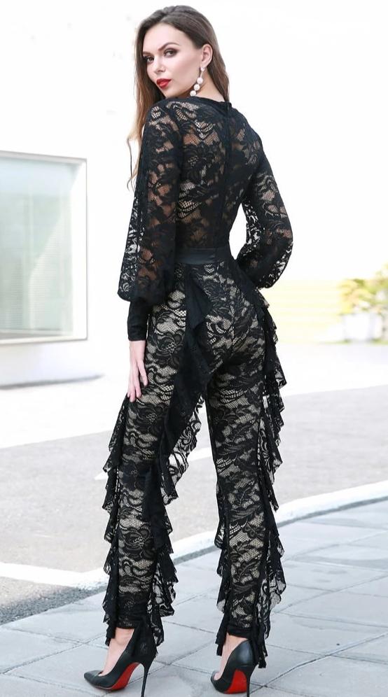 Deep V Long Sleeve Ruffled Lace Front Open Jumpsuits