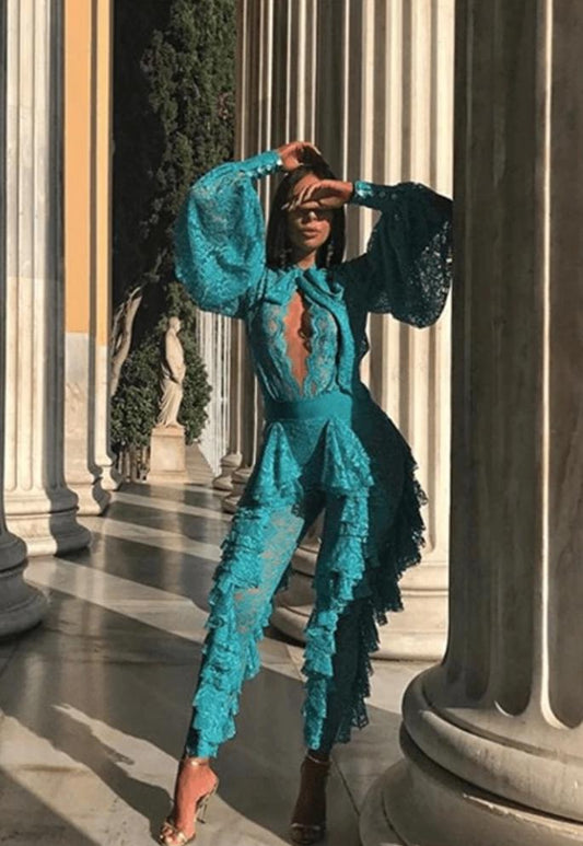 Deep V Long Sleeve Ruffled Lace Front Open Jumpsuits