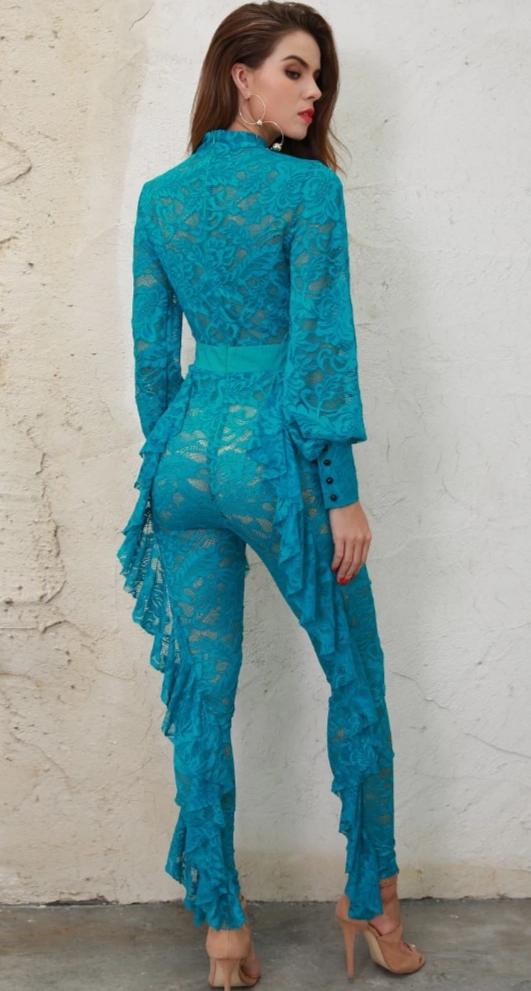 Deep V Long Sleeve Ruffled Lace Front Open Jumpsuits