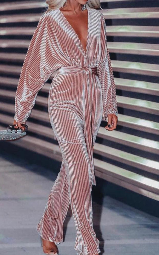 Pink Velvet Deep V Long Sleeve Loose Jumpsuit
