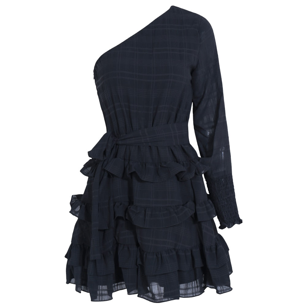 Black One Shoulder Irregular Neck Cascading Ruffles Mini Dress