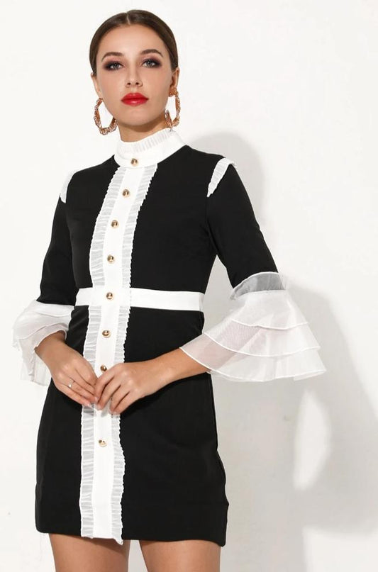 Patchwork High Neck Lace Ruffles Flare Sleeve Mini Dress