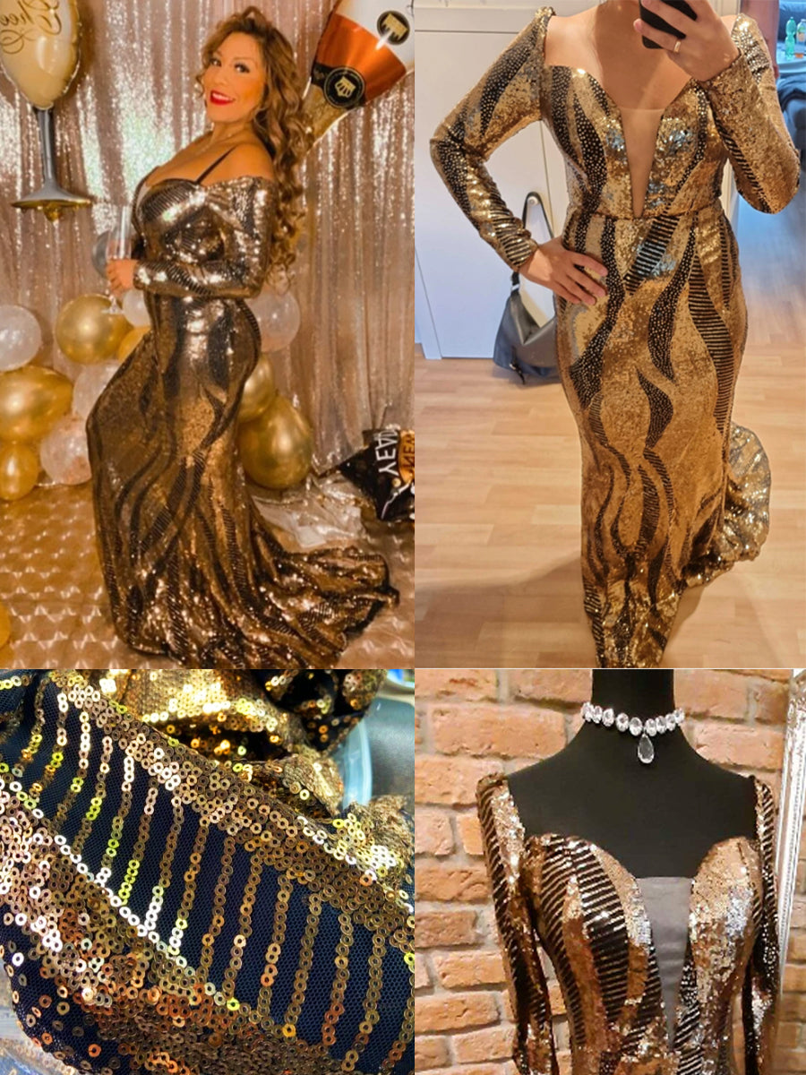 Geo Gold Sequin Long Sleeve Maxi Dress