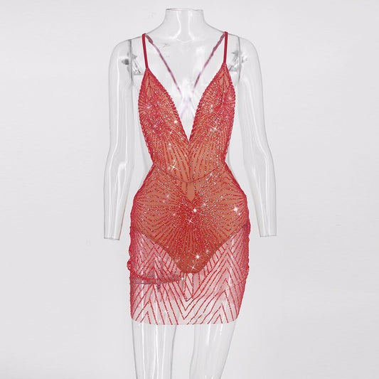 Deep V Neck Backless Sequin Mesh Mini Dresses