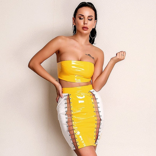 Yellow/White PU Leather Crop Top Bondage Mini Skirt
