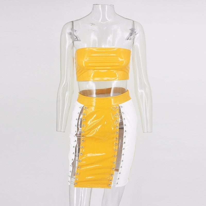 Yellow/White PU Leather Crop Top Bondage Mini Skirt