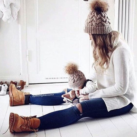 Mom & Newborn Baby Crochet Knit Hairball Beanie