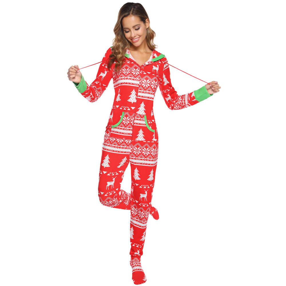 Snowflake Print Christmas Hooded Onesies Pajamas (Unisex)