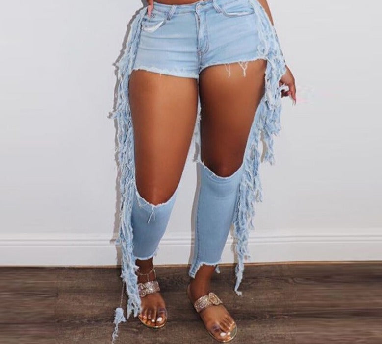 Big Hollow Long Side Tassels Jeans