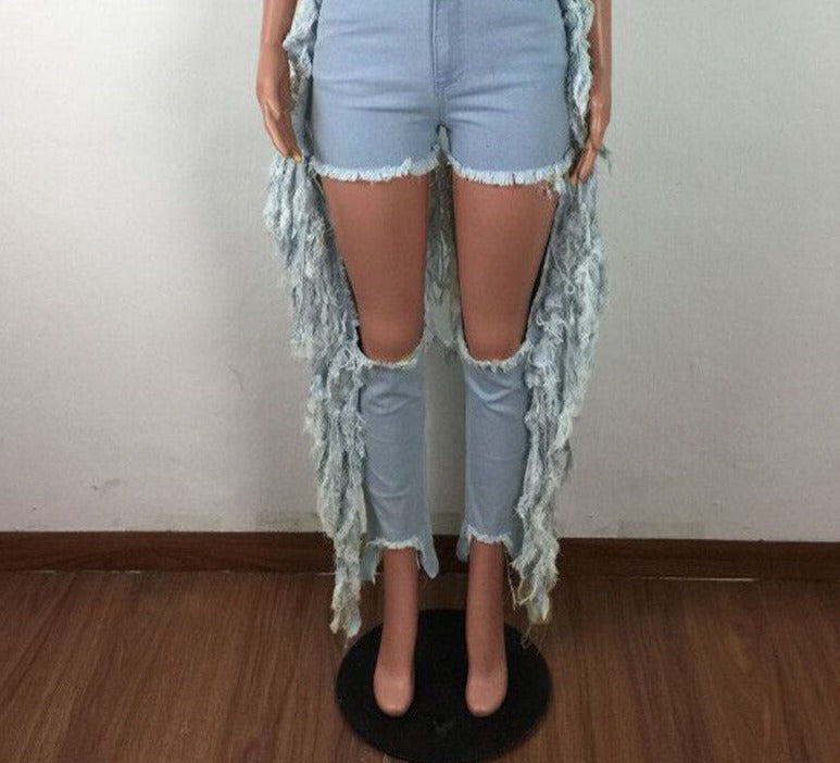 Big Hollow Long Side Tassels Jeans