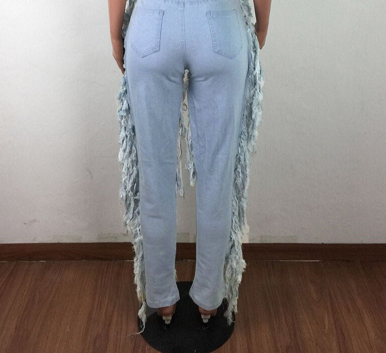 Big Hollow Long Side Tassels Jeans