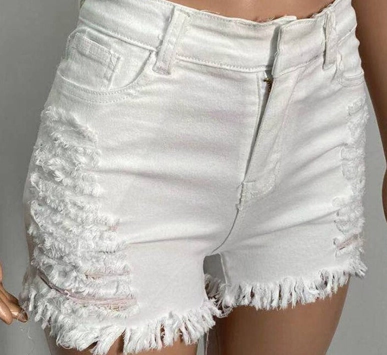 Ripped High Waist Tassels Denim Shorts