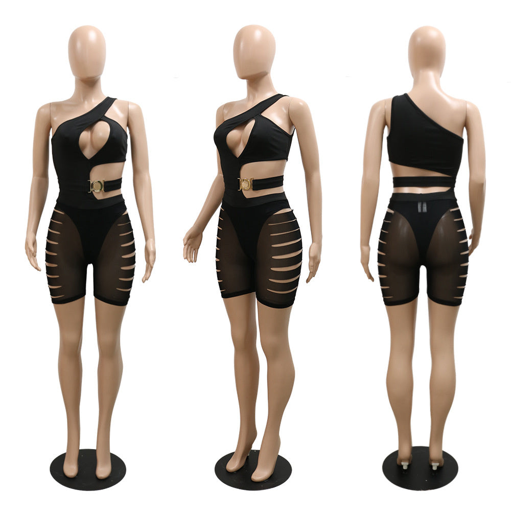 One Piece + Side Slice Mesh Shorts