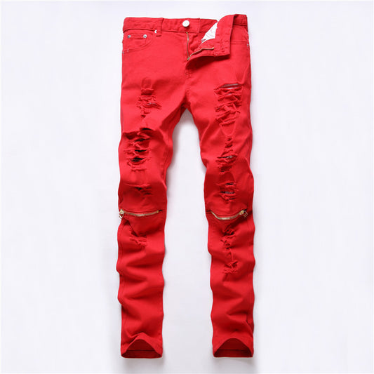Ripped Denim Knee Hole Zipper Biker Jeans (Red, White, Black)