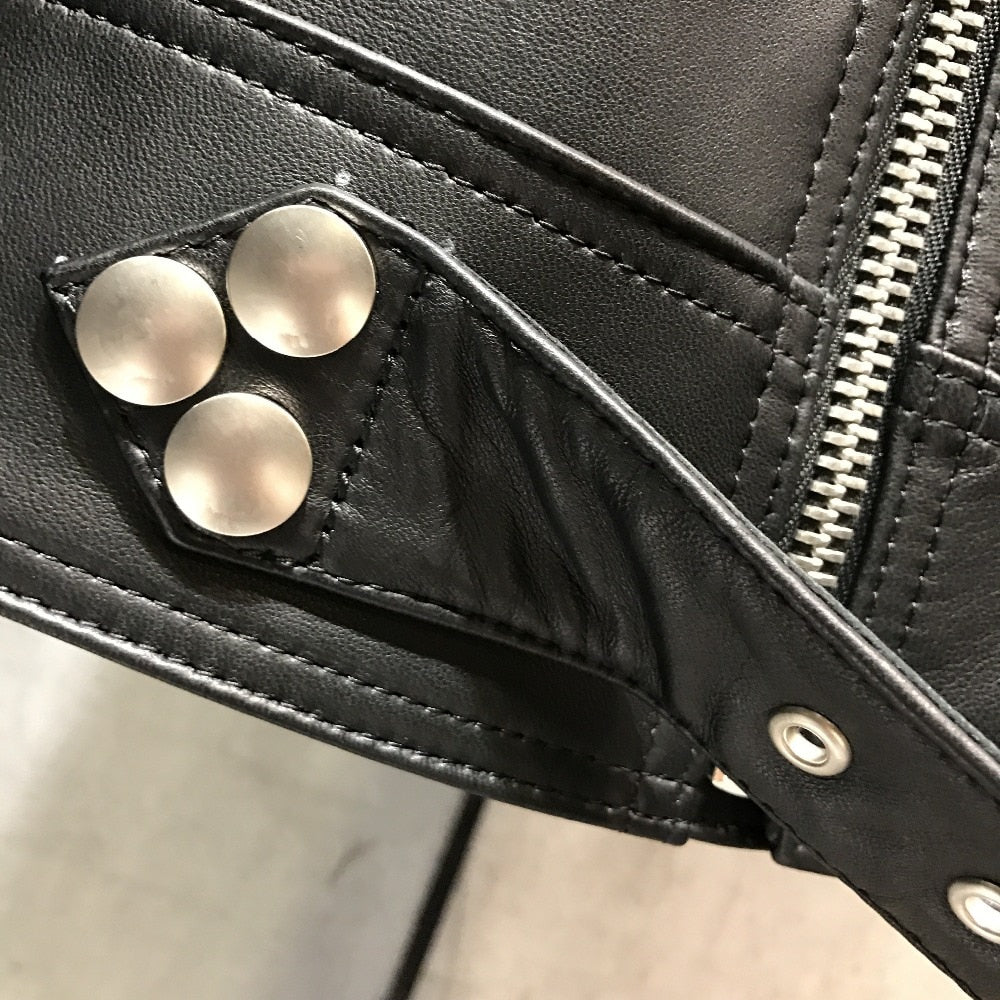 Genuine Leather Studded Collar Moto Jacket