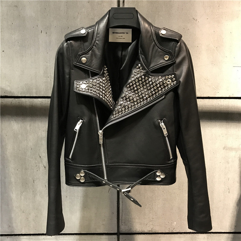Genuine Leather Jacket Studded Collar