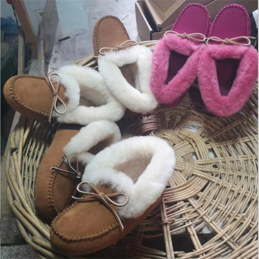 Genuine Leather Real Shearling Fur Moccasins Loafers