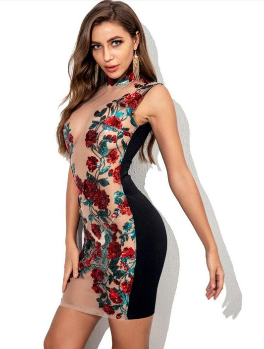 Floral Sequin Mesh Mini Dresses