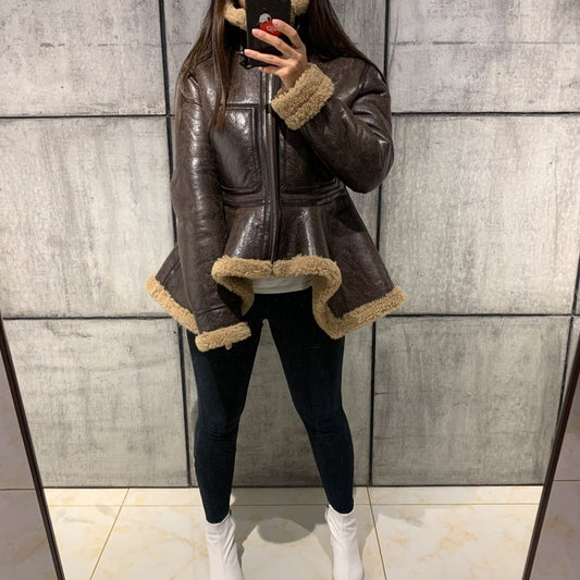 Genuine Leather Shearling Fur Peplum Moto Jackets