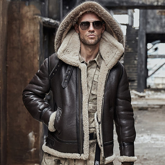 Genuine Leather Shearling Fur Lining Big Collar Detachable Hood Coats