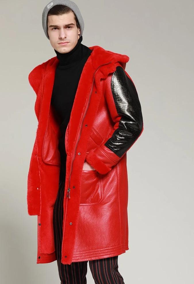 Genuine Leather Real Shearling Fur Lining Hooded Long Coats