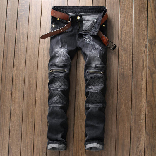 Plaid Patch Zipper Slim fit Biker Denim Jeans