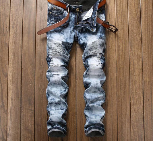 Slim fit Snow Wash Pleaded Biker Denim Jeans