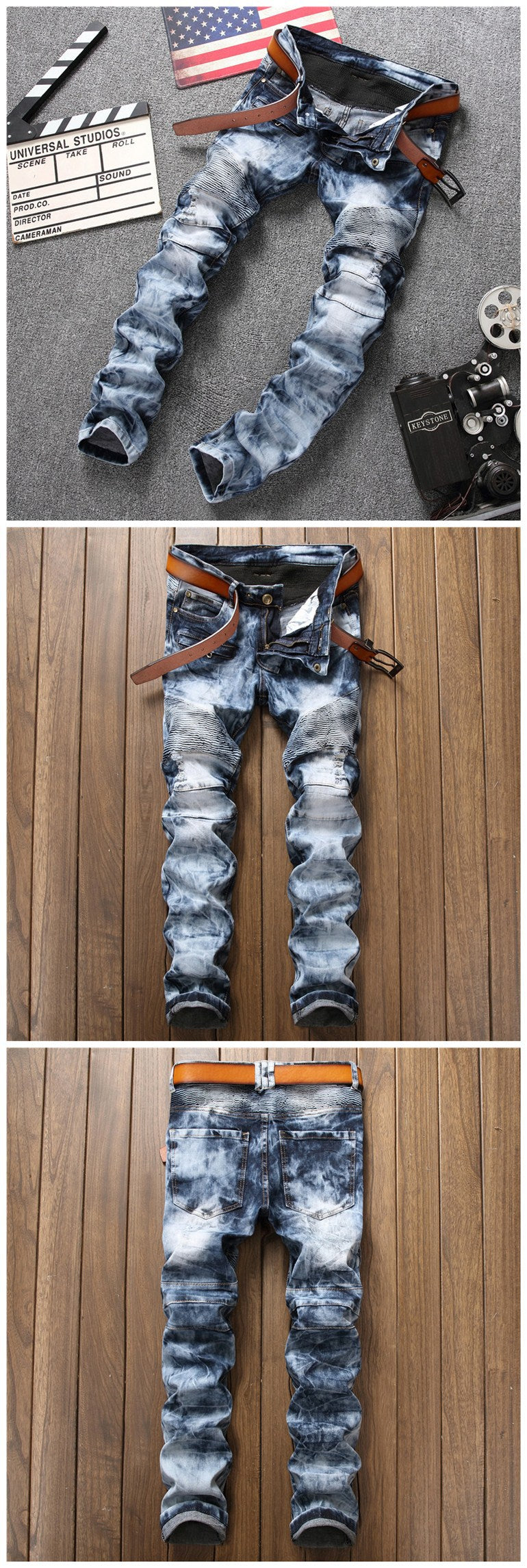 Slim fit Snow Wash Pleaded Biker Denim Jeans