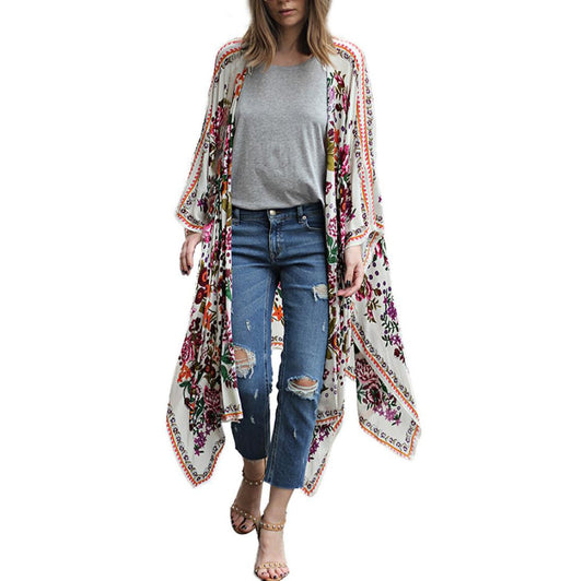 Floral Print Chiffon Loose Shawl Kimono