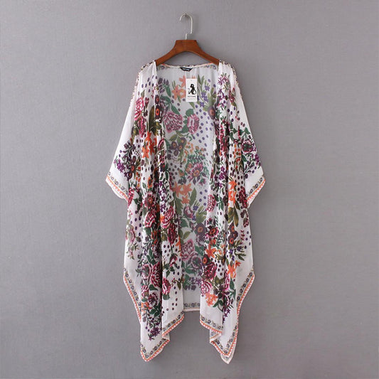 Floral Print Chiffon Loose Shawl Kimono