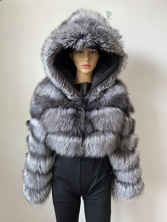 Detachable Hood Real Fox Fur Crop Coats
