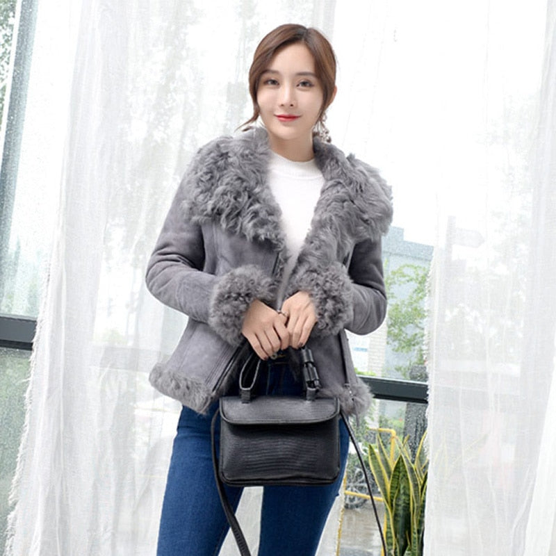 Genuine Leather Sheep Shearling Fur Slim Coat