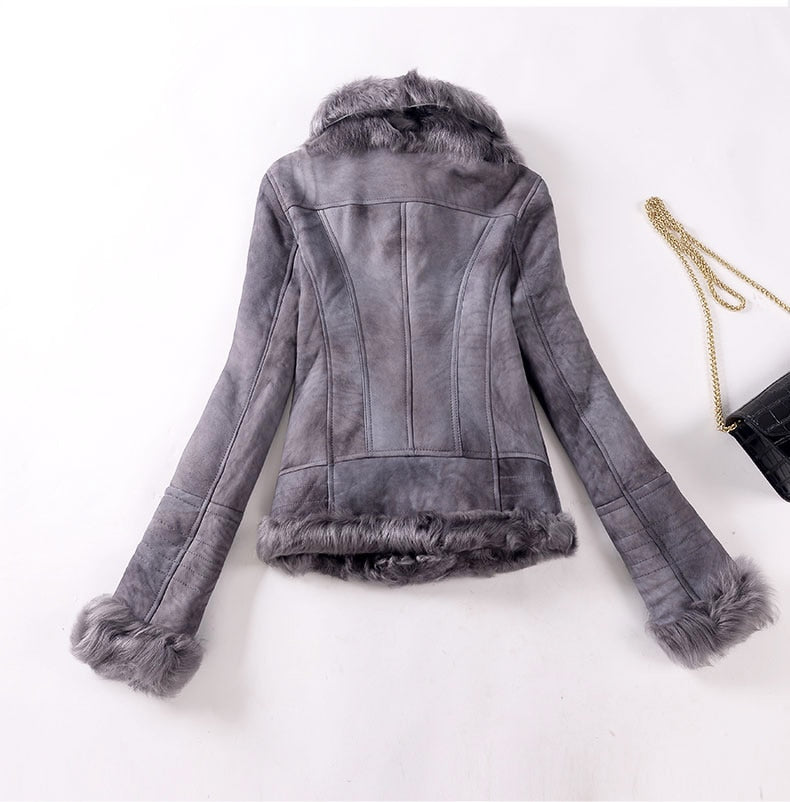 Genuine Leather Sheep Shearling Fur Slim Coat