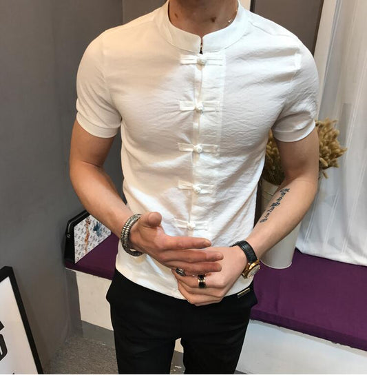 Linen Short Sleeve Chinese Style, Mandarin Collar, Traditional Kung Fu Shirts