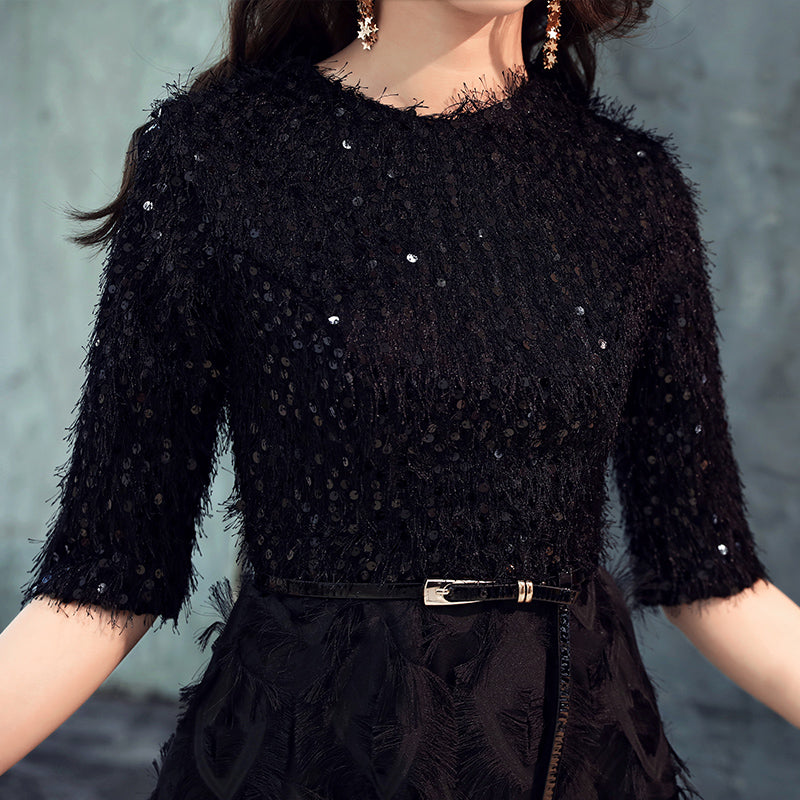 Black Half Sleeves Lace Floor-length Dress