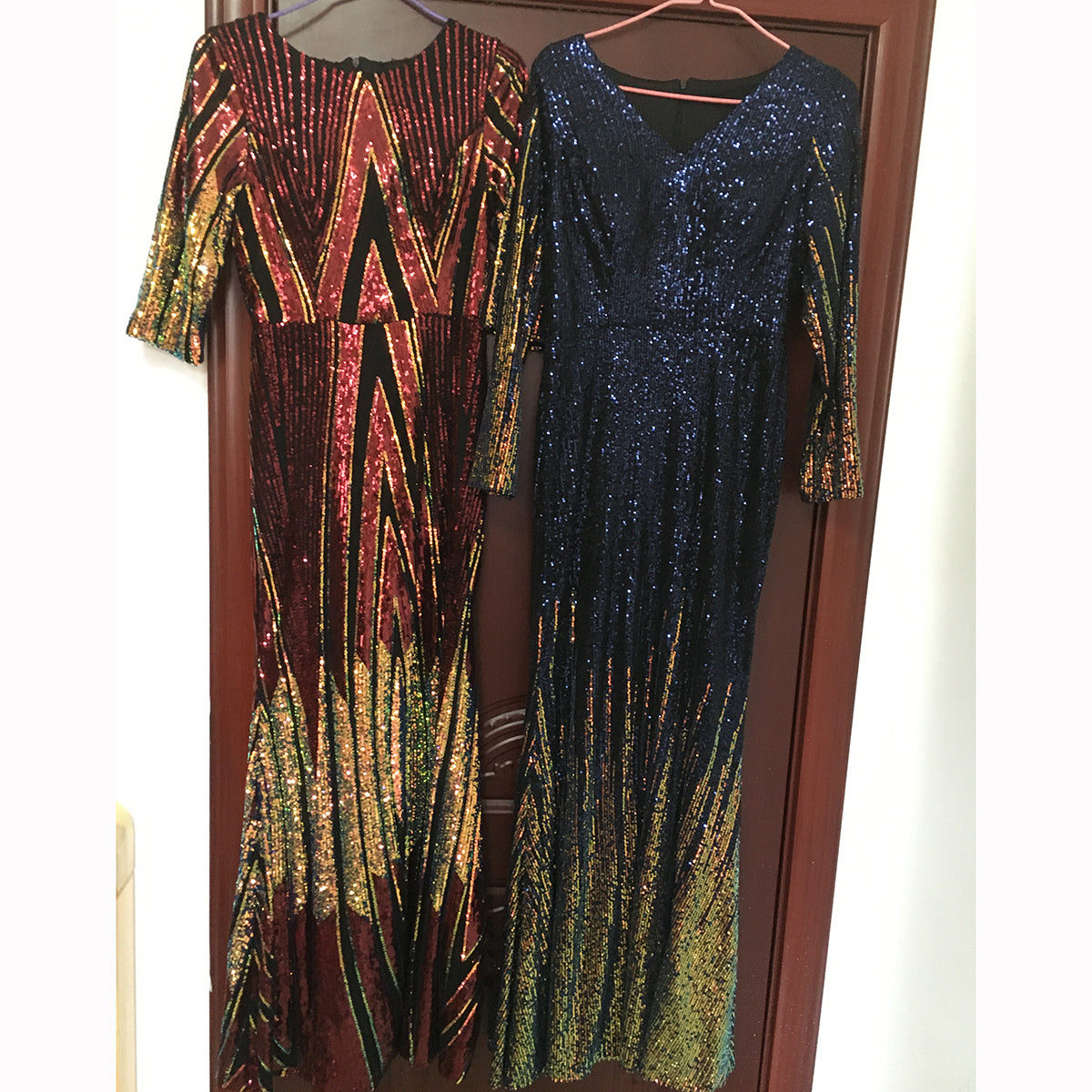 Half Sleeve O-Neck Sequin Pattern Maxi Dresses