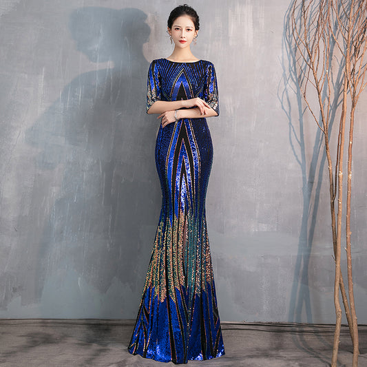 Half Sleeve O-Neck Sequin Pattern Maxi Dresses