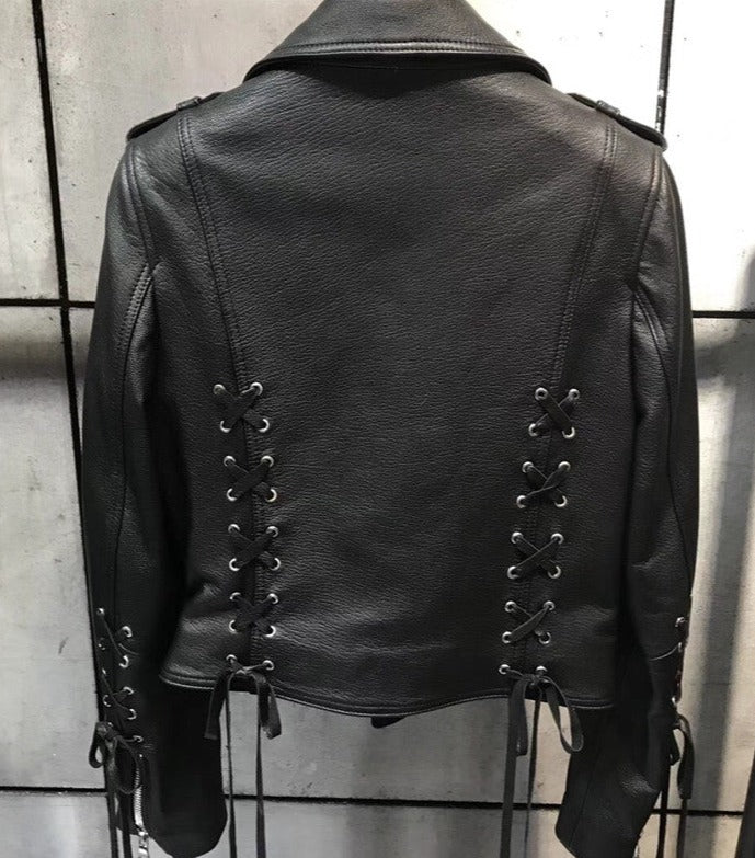 Genuine Leather Jacket Back Lace Up Moto