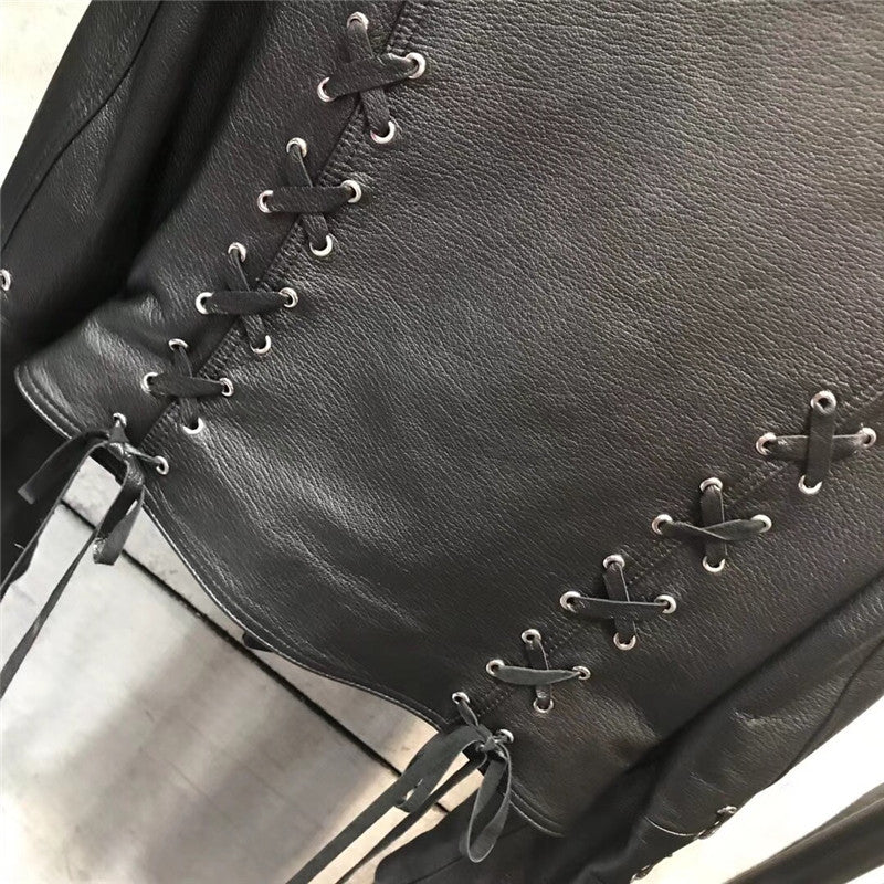 Genuine Leather Jacket Back Lace Up Moto