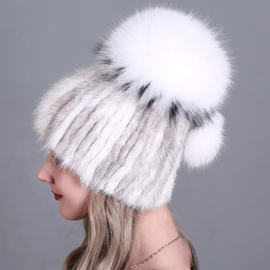Mink Fur & Fox Fur Big Pom Knitted Beanies